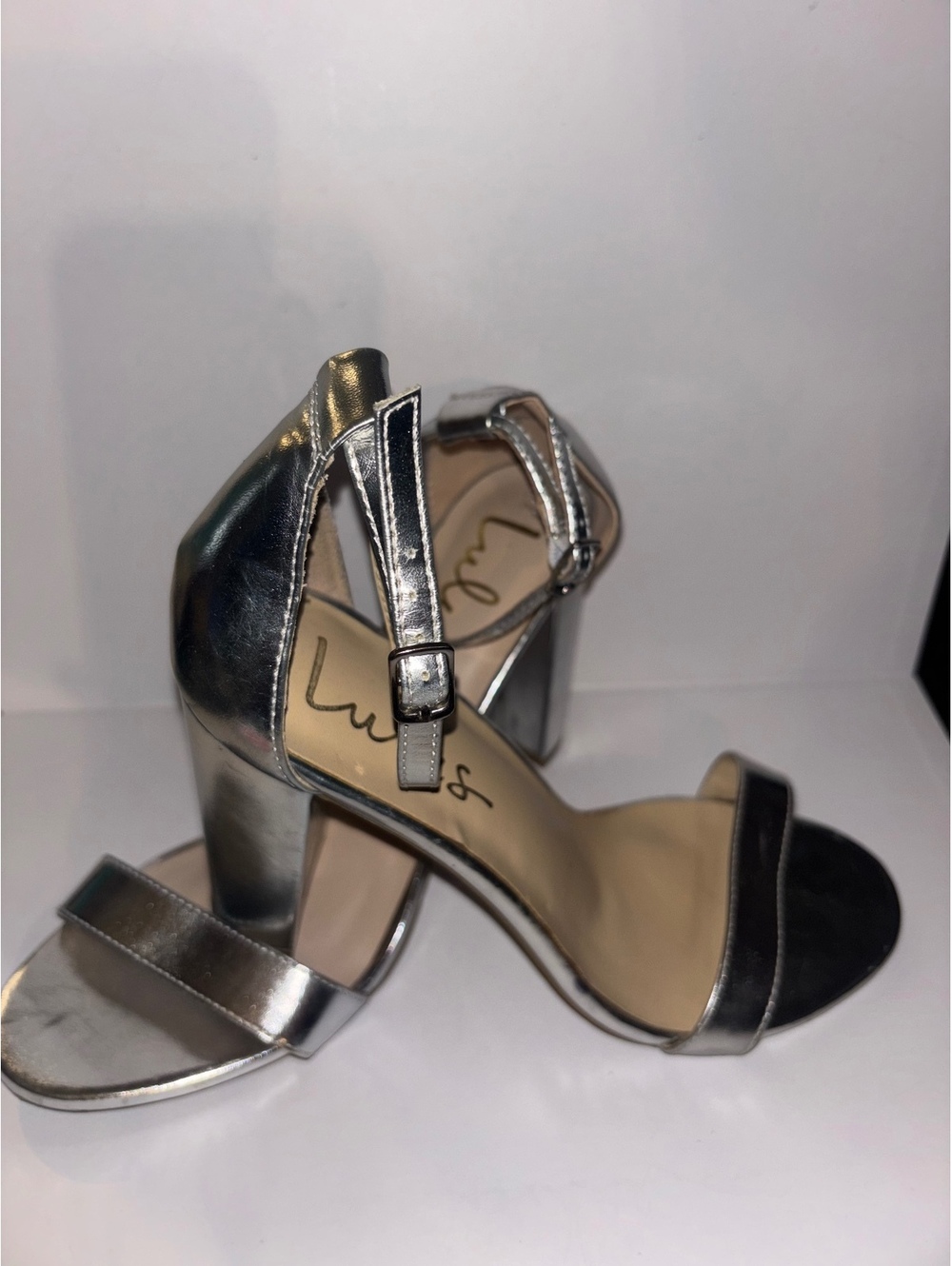 Lulus Taylor Silver Metallic Block Heel Sandals Size 8 Ankle Strap